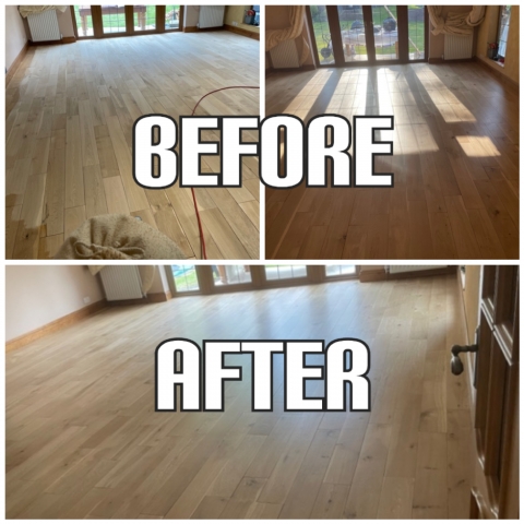 before adn after Floor sanding, gap filling, staining, and finishing in a house, Chelsea
