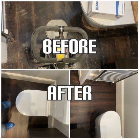 Before and After Flooring restoration and lacquer finish in a toilet, Sutton