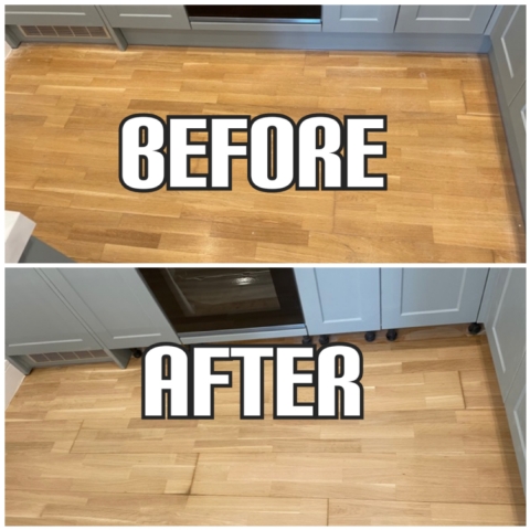 Before and After Flooring restoration in a kitchen of apartment, Battersea