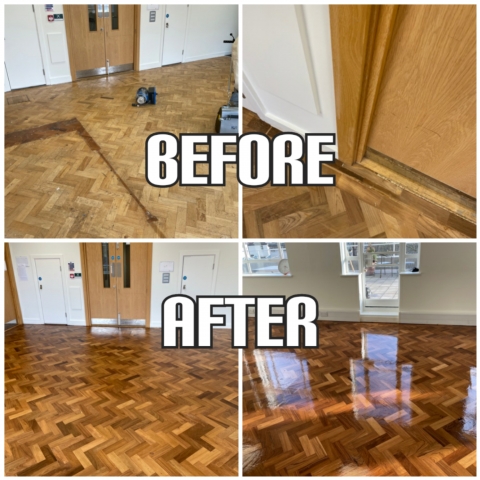 before and after herringbone floor restoration in an office, Holborn