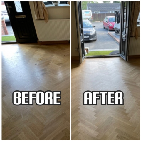 before and after Herringbone floor sanding, reclaiming, gap filling, and finishing in a house, Upminster
