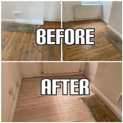before and after Kids' room floor restoration, white colour staining, and finishing, West Ham