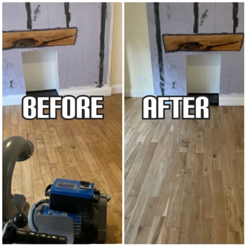 before and after light sanding and buffing of oak floorboards in an apartment, Holborn
