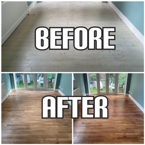 before and after Luxury floor restoration with natural colour staining and matt lacquer finish, Highbury