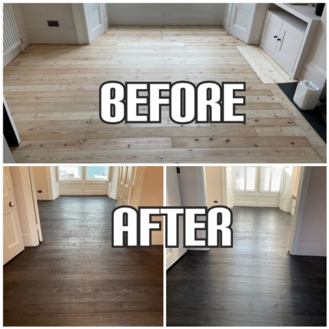 before and after New hardwood flooring refinishing, colour change with staining, and finishing with lacquer, Islington