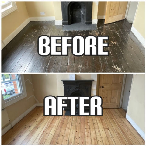 Before and After Paint removal with sanding and floor restoration in a house, Lewisham