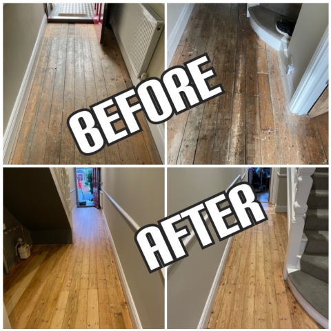 before and after Pine floor hallway repair and restoration in a house, Haringey