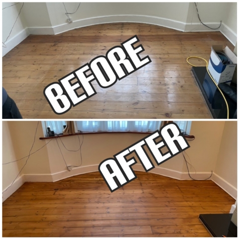 before and after Sanding and refinish of victorian pine in a house, Camden