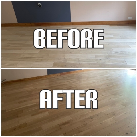 before and after Solid wood flooring restoration and finishing with satin lacquer, Islington