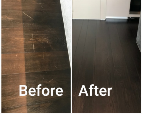 before and after Hardwood floor repair and polishing in apartment near Victoria Station