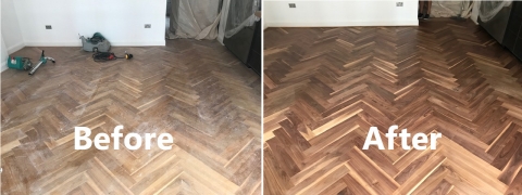 Walnut floorboards dust-free sanding - bedroom, Canary Wharf