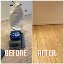 before and after Floor restoration of pinewood floorboards in a bedroom, Lewisham
