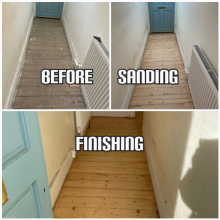 before and after Floor restoration of hardwood floorboards in a hallway, Southwark