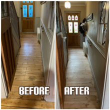 before and after Floor restoration of hardwood floorboards in a house's hallway, King's Cross