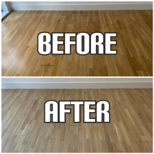 before and after Floor restoration of oak solid wood and matt finishing in a house, Enfield