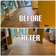 before and after Floor restoration, gap filling, staining, and polishing in a house, King's Cross