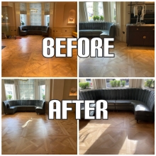 before and after Floor sanding and finishing with mat lacquer in a Restaurant, Kensington