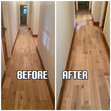 before and after Floor sanding and finishing with matt lacquer of hallway in a house, Kent