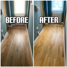 before and after floor sanding of engineered floor and finishing with clear matt lacquer in a hallway, Newham