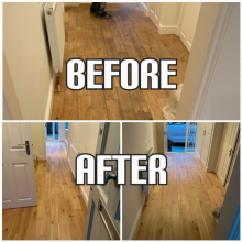 before and afrer floor sanding of engineered wood in a hallway, Southwark