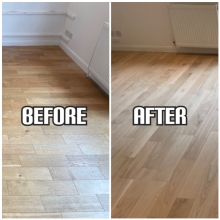 before and after Floor sanding of solid wood floorboards and finishing with satin lacquer, Enfield