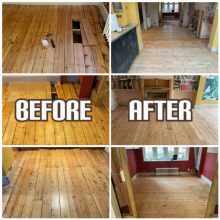 before and after Floor sanding, floorboards reclaiming, and gap filling in a house, King's Cross