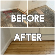 before and after Floor sanding, gap filling with sawdust and resin and finished with clear matt lacquer, Islington