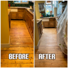 before and after Floor sanding, gap filling, and finishing with satin lacquer in a kitchen, King's Cross