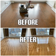 before and after Floor sanding, paint removal, and finished with clear satin lacquer of hardwood floorboards, Barnet