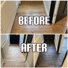 Before and After Hallway floor sanding, gap filling, staining, and finishing in a hallway of house, Islington