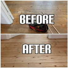 before and after hardwood floor repair and gap filling in a house, Clapham