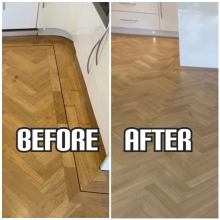 before and after Herringbone floor sanding and gap filling in a kitchen, Mayfair
