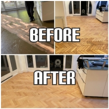 Before and After Herringbone floor sanding and natural colour restoration, Lewisham