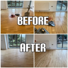 before and after Light sanding and matt finishing of oak flooring in a house, Battersea