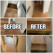 example of maple stair sanding, repair, and satin lacquer finishing in a house, Chelsea