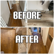 before and after Old flooring removal, installation of new floorboards, skirting and strips, Haringey