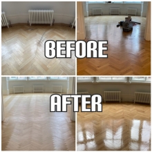 before and after parquet floor restoration and finishing with lacquer, Westminster
