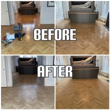 Before and after Sanding and finishing with clear satin lacquer of herringbone floor, Westminster