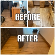 before and after Solid wood floor sanding, gap filling, and finishing in a kitchen, Kent