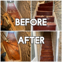 before and after Stairs sanding, paint removal, repairs , staining, and finishing with clear satin lacquer, Streatham